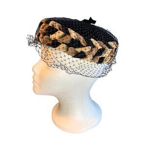 Ladies Black and Brown Velvet Braided Ribbon with Netting Hat Vintage Sz 22